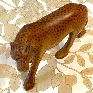 African Safari Big Cat Hand Carved Wood Folk Art Spotted Leopard Cheetah Figure